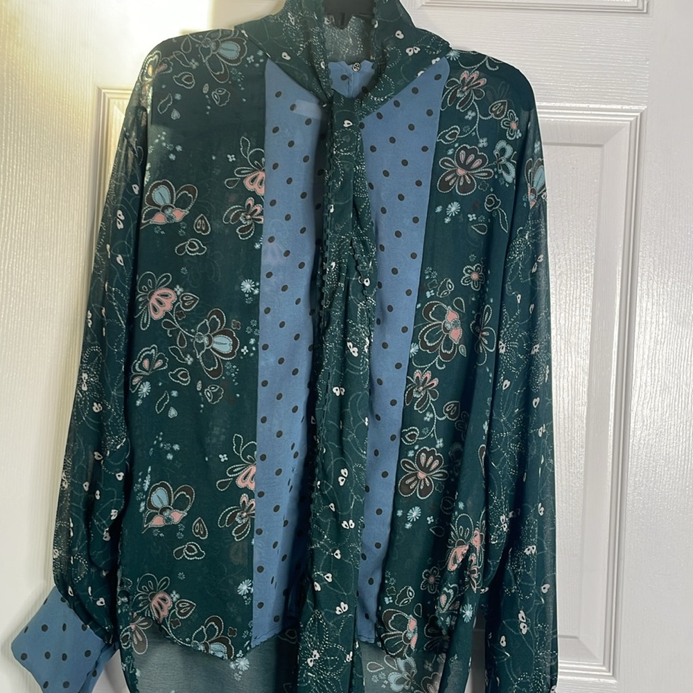 See by Chloe sheer long sleeve floral button down blouse with neck tie - Picture 3 of 8